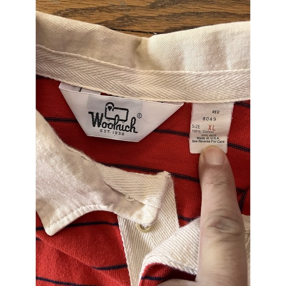 Vintage 80s 90s Woolrich Rugby Polo Striped Red Shirt Size XL Fits Like A Large - Picture 6 of 8